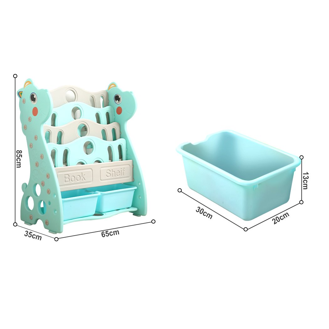 BoPeep Kids Bookshelf featuring a vibrant giraffe design with four deep shelves for children's books, made from safe polyethylene material.